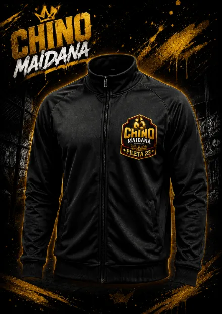 Campera deportiva oficial Chino Maidana, negra con cierre frontal y escudo dorado en el pecho
