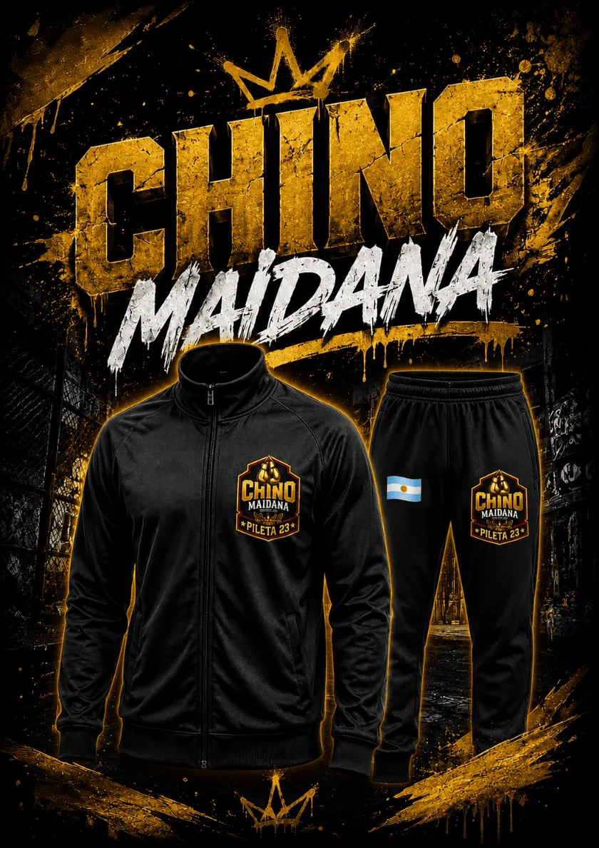 Conjunto deportivo oficial Chino Maidana: campera negra con cierre frontal y pantalón negro a juego, ambos con el escudo dorado del Chino