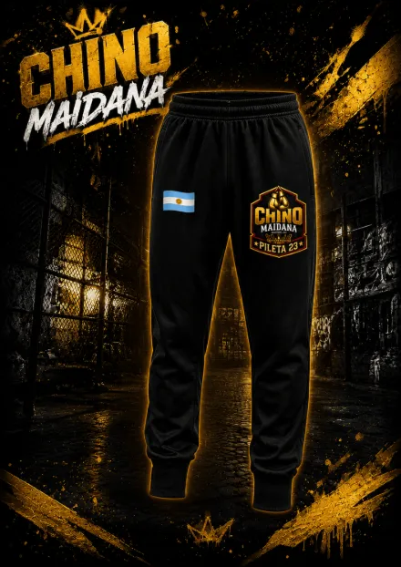 Pantalón deportivo oficial Chino Maidana, negro con la bandera argentina y el escudo dorado